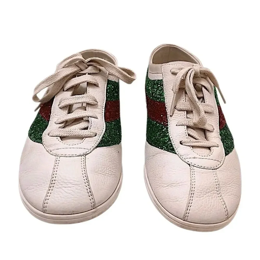 RARE Gucci Falacer Glitter Sneakers Men Sz 7 White Leather Green Red SPARKLE